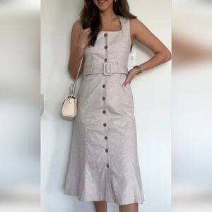 Banana Republic Linen Dress Lined Belted Beige Square Neck Midi Dress Cream Tan